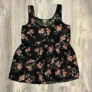Kirra PacSun Sheer Black Floral Lace Tank Top Sleeveless Babydoll Shirt Size M